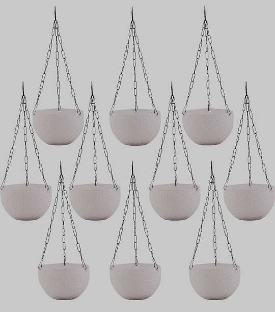 Dervino Plastic Grow Planter Woven Hanging FlowerPot with Chain Hang Plastic Pot White Plant Container Set