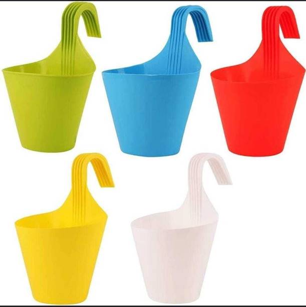 Dervino Plastic Grow Planter Hanging FlowerPot with Railing Hang Plastic Pot Multi_n Plant Container Set