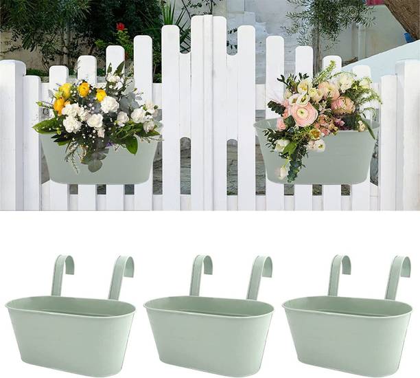 E C Creation Metal Iron Hanging Flower Pot, Oval Railing Garden Balcony Planter Pots set 3 Plant Container Set