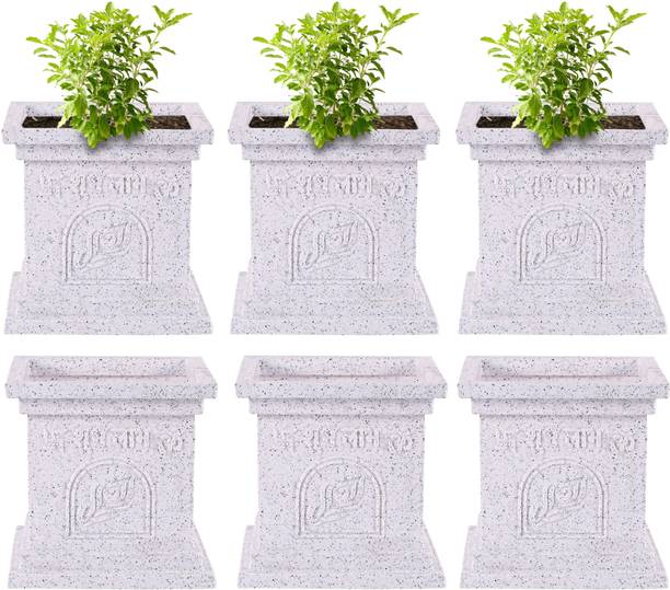 KUBER INDUSTRIES Pack of 6 Plastic Tulsi Mancha Gamla/Planter Pot | 12 Inch Marble Design-White Plant Container Set