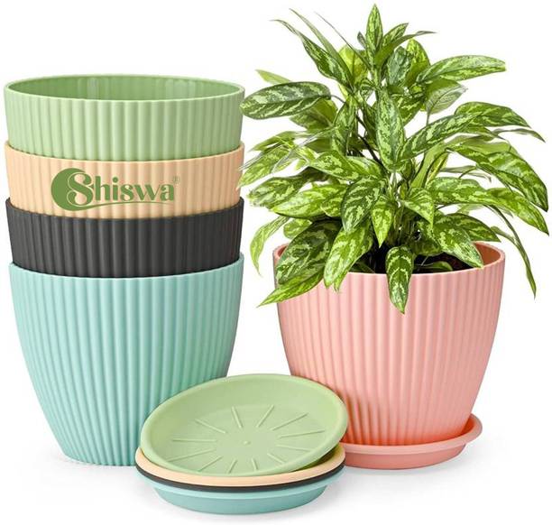 Shiswa 5 Pcs Round Flower Pots with tray for Home & Decoration Planters, Garden Plant Container Set