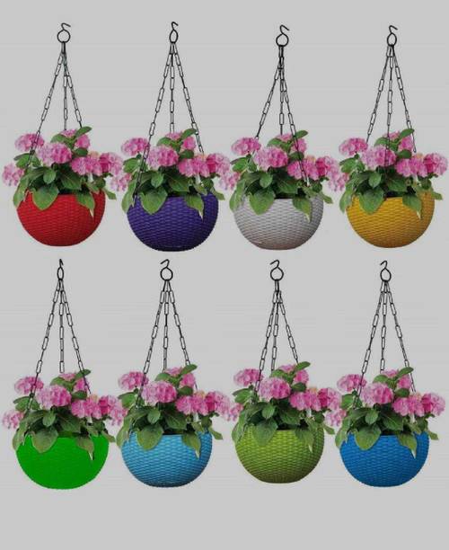 Dervino Plastic Grow Planter Woven Hanging FlowerPot with Chain Hang Plastic Pot Multi Plant Container Set