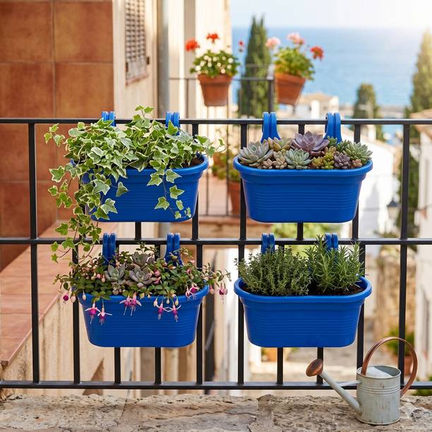 GREENRIE Blue Plastic Balcony Railing Flower Pots - 4 Piece Hanging Set Plant Container Set