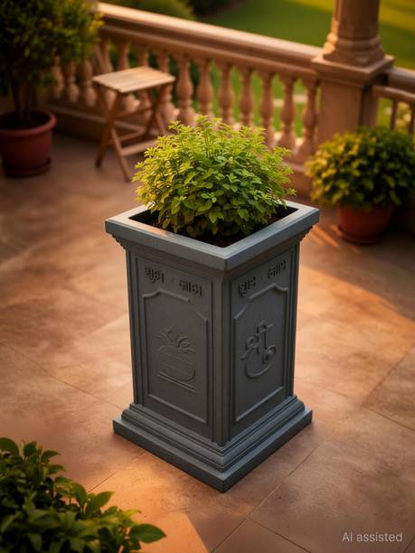 GO HOOKED 16x36 Inch Tulsi Pot Polymer Planter Traditional Design Grey Plant Container Set