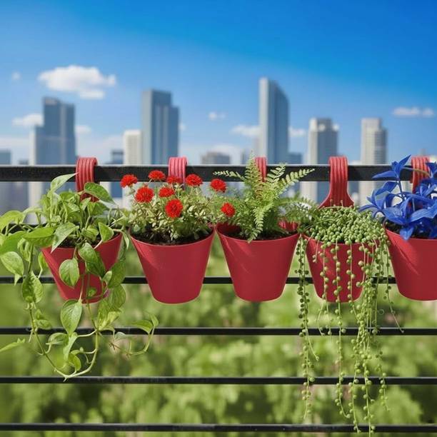 Giratoria 8 Inch Plastic Hanging Planters Pack of 2 Multicolor Pots with Hooks Plant Container Set