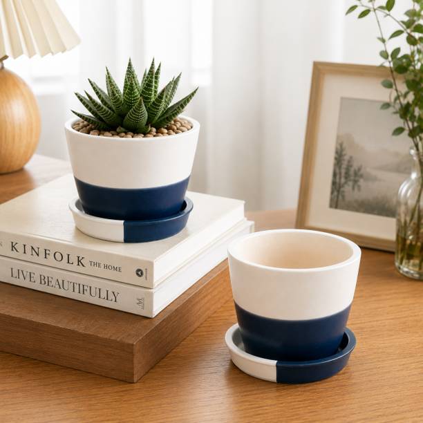 Gachera Ceramic Planter Pot with Drainage Hole & Matching Saucer | White & Navy Blue | Plant Container Set