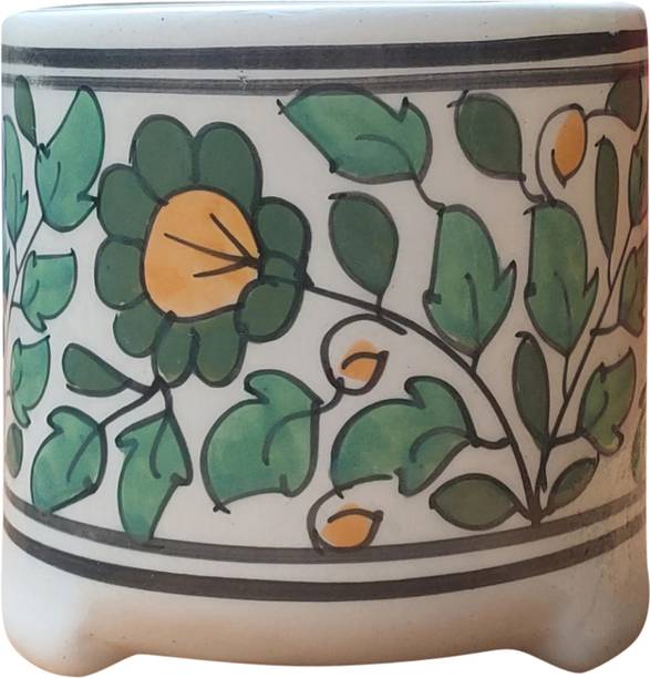 Gupta Homes Ceramic Round Pipe Pot Mugal Handpainted Green Multi Size 4x4 inch GH0008-02 Plant Container Set