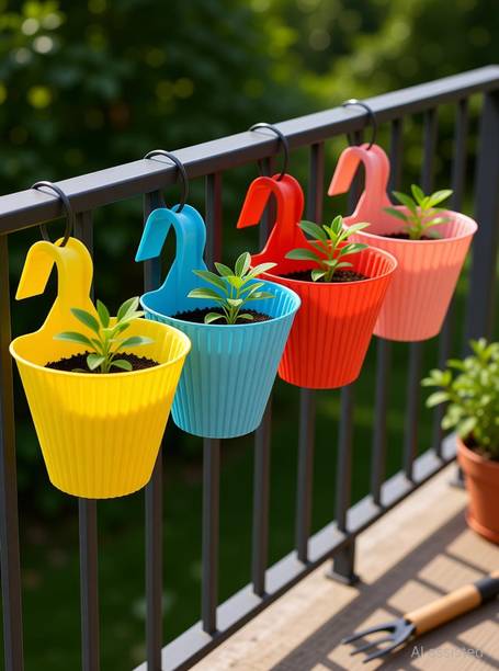 IMAGINEA Hanging Flower Pots Gamla for Balcony and Home Decoration, Beautiful Plastic Flower Pot Hooked Planter Colorful Basket for Indoor, Living Room, Garden, Railing (Multicolor, Pack of 4) Plant Container Set