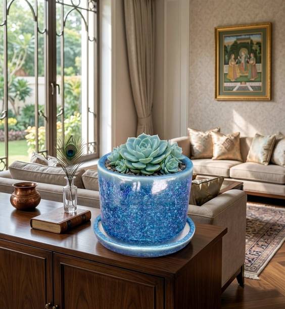 ROSARY POTTERY Premium Cylinder Ceramic Pot | Decorative Indoor Pot | Drainage Hole |Blue Plant Container Set