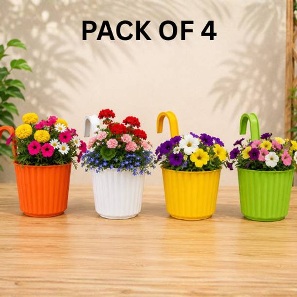 Flicksyy Plastic Hanging Planter Pots Set of 4 for Balcony & Fence Railings Plant Container Set
