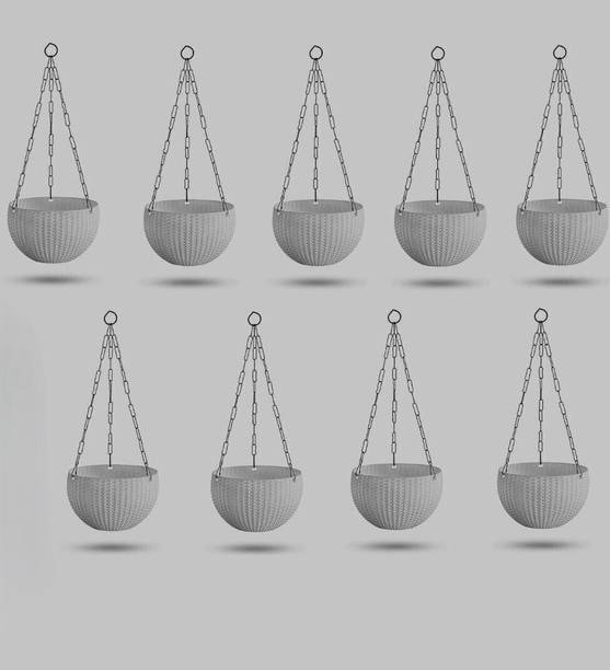 EcoHaven 7"Rattan Design White Hanging chain Pot For Indoor/Outdoor Plant Container Set 9 Plant Container Set