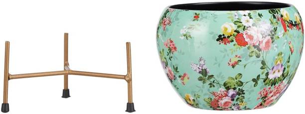 RS Gharkraft Floral Mint Ceramic Planter with Gold Stand Plant Container Set
