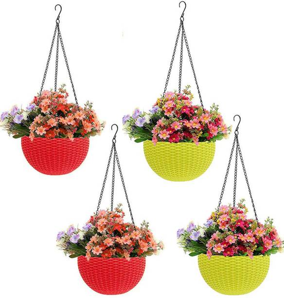 HNB 6" Woven Design Hanging Euro Basket Planters Indoor Outdoor Hanging Flower Plant Container Pot with Hanging Chain Plant Container Set