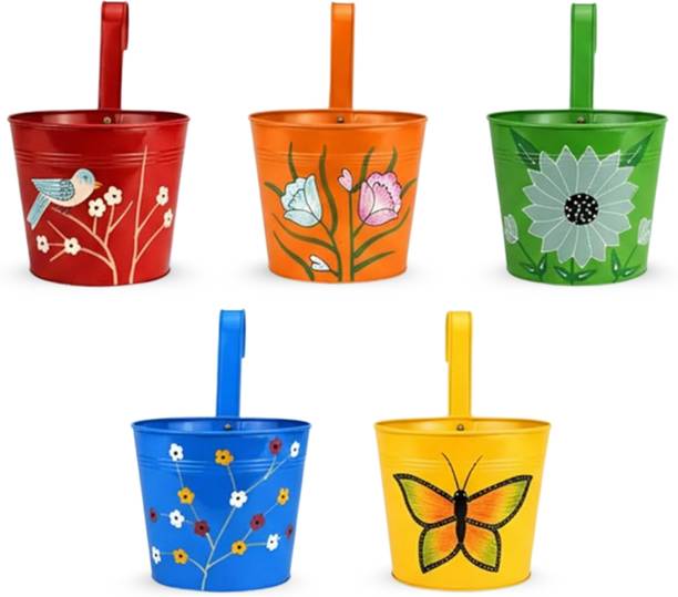 Natural Earth Hand Painted Metal Hanging Railing Planter Pots, Multicolor Plant Container Set