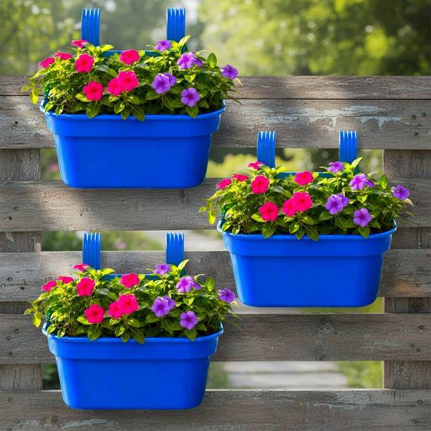 Chainlinks Double Hook Pot Planter Hanging Flower Pots Garden Planters Railing Blue Plant Container Set