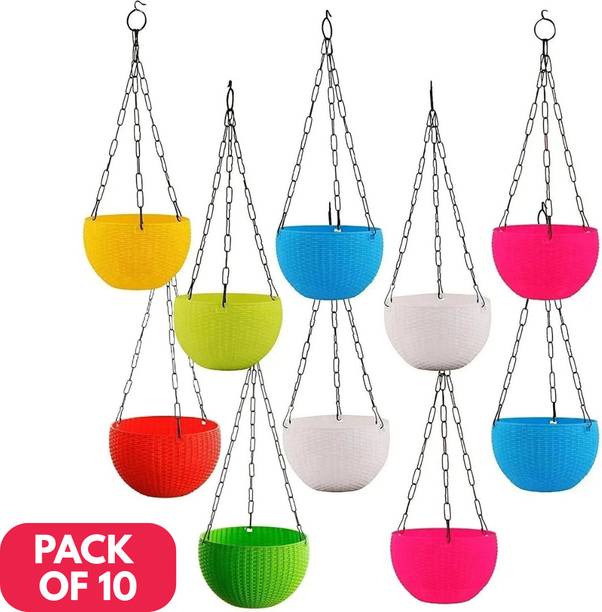 Flicksy Plastic Plant Hanging Pot with Chain Flower Plant Container Set (Pack of 10) Plant Container Set