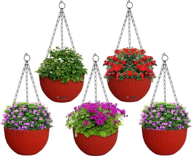 god of goods Plastic Hanging Flower Pot For Balcony & Railing Set Of 5 (Red) Plant Container Set