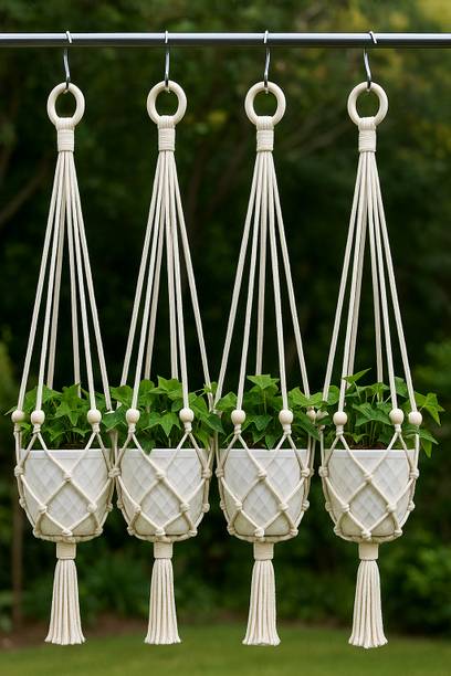 Sajida art Macrame Cotton Plant Hanging Rope Flower Pot Holder (pack of 4) Plant Container Set