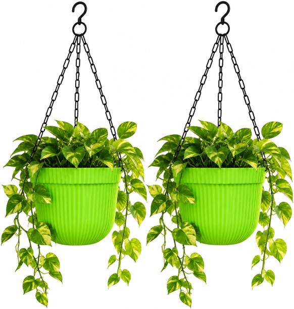 TechHark Hanging Ribbed Plastic Planter pot With Chain Decorative Balcony Plant Container Set