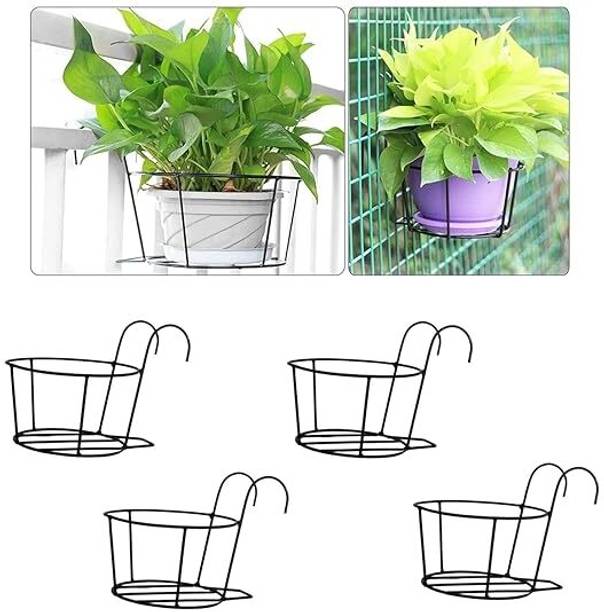 VINAMRA28 Railing Hanging Flower Pot Basket for Outdoor, Balcony, Terrace (Black-set of 4) Plant Container Set