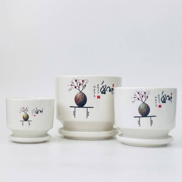vriksha garden pots VrikshaGardenPots Ceramic Indoor Plant Pot with Tray – White Oriental Art Design Plant Container Set