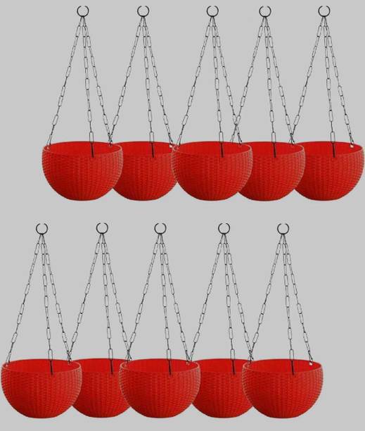 Dervino Plastic Grow Planter Woven Hanging FlowerPot with Chain Hang Plastic Pot Red Plant Container Set