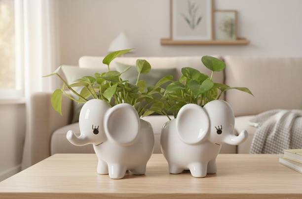 MudMingle Cute Elephant Ceramic Planter|Animal Pots | Home & Office Planters ( Pack of 2 ) Plant Container Set