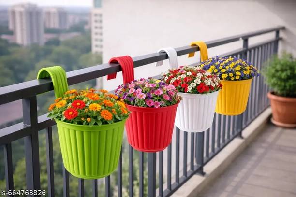 Flicksyy Plastic Hanging Planter Pots Set of 4 for Balcony & Fence Railings Plant Container Set