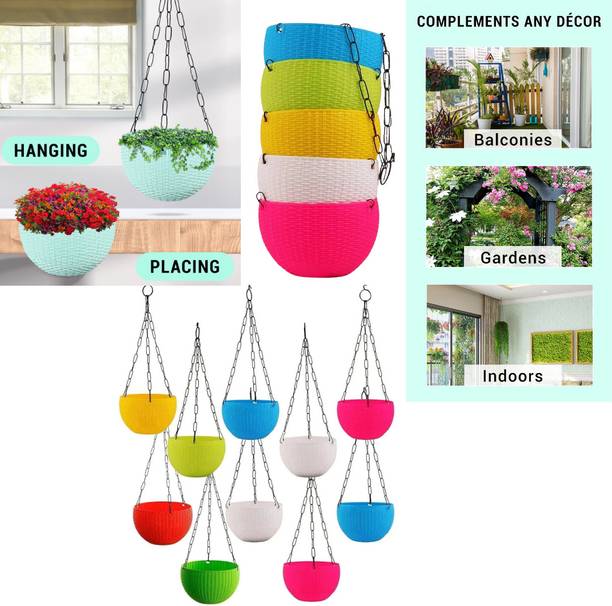 Flicksy Hanging Plastic Pot with Chain Plastic Flower Plant Container Set (Pack of 1) Plant Container Set