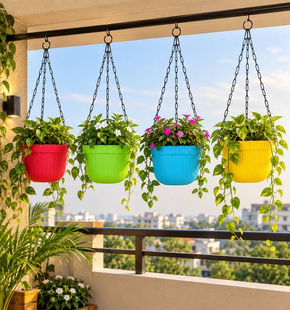 TechHark Hanging Ribbed Plastic Planter pot With Chain Decorative Balcony Plant Container Set