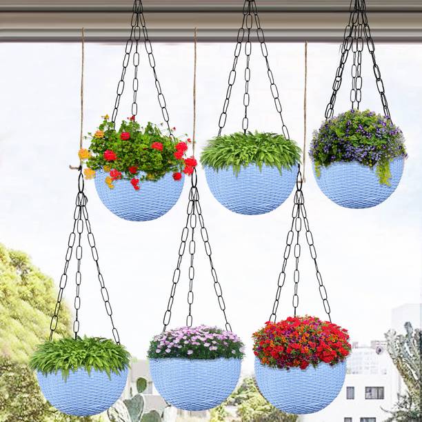 KUBER INDUSTRIES Marble Euro Hanging Flower Pot for Home & Garden|7 Inch|Pack of 6|Blue Plant Container Set