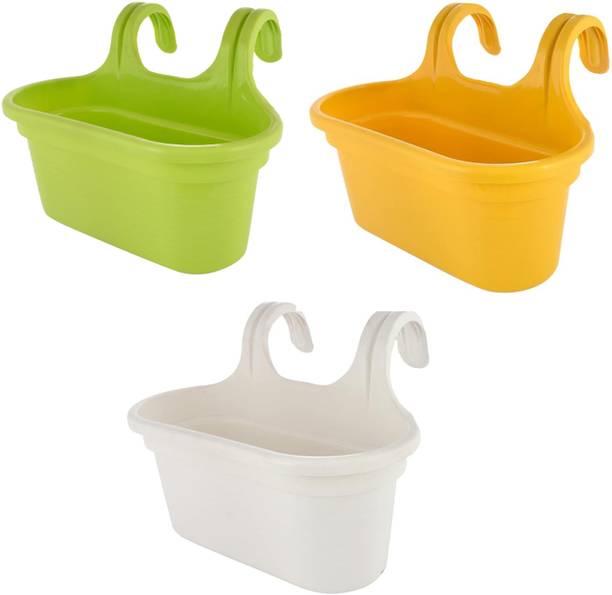 Muddstyles Home Balcony Wall Hanging Double Hook Pot Yellow, White, Green Plant Container Set