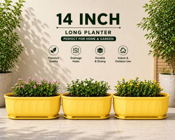 NIVZO 14 Inch YELLOW Plastic Long Planter Pots with Tray Pack of 3 for Indoor Outdoor Plant Container Set