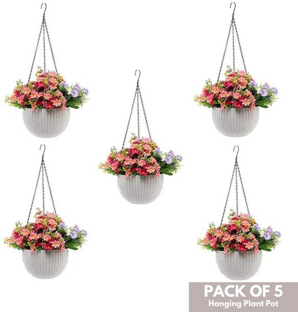 Flicksy Plastic Hanging Pot with Chain Plastic Flower Plant Container Set (Pack of 5) Plant Container Set