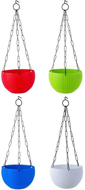 VirajSanchi (Pack of 4) 7" Dia. Woven Design Basket Hanging Flower Pots Planters Pot Plastic Vase