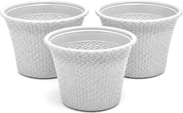 Plantervaala Woven Rattan Style Plastic Planter Pot, 10 Inch (Set of 3) White Plant Container Set