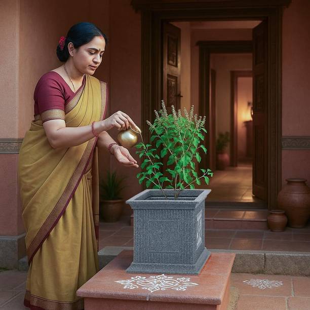 UGAOO Tulsi Pot for Home - 12 Inch Tulsi Planter (Grey Stone) | Indoor & Outdoor Use Plant Container Set