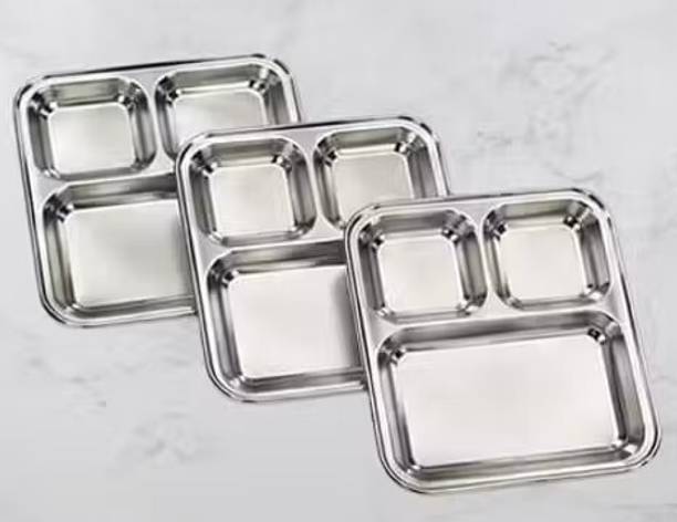 GiftZone Stainless Steel 3 in 1 Compartment Pav Bhaji Plate, 24 cm, Set of 3, Silver Dinner Plate