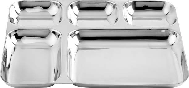 Classico Stainless Steel Square Plate - 5 Partition Divided, Dinner, Bhojan, Thali Plates Sectioned Plate