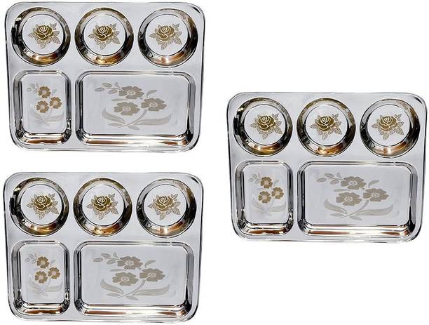 Kapalin BHOJAN THALI SET OF 3 PIECES 5 COMPARTMENTS EACH Sectioned Plate Dinner Plate