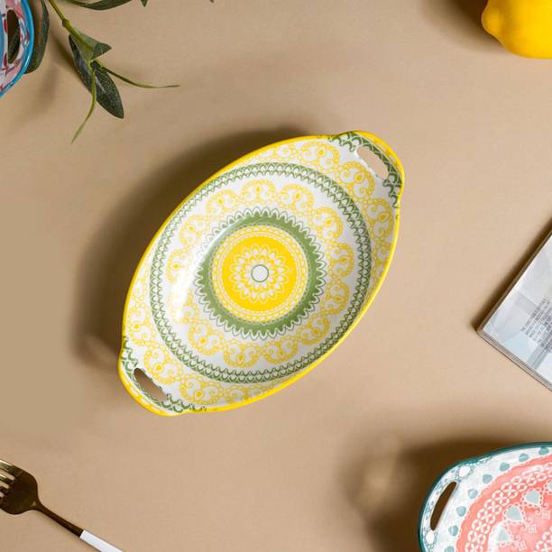 Nestasia Yellow and Green Mandala Ceramic Long Dish with Handles for Snacks Tray