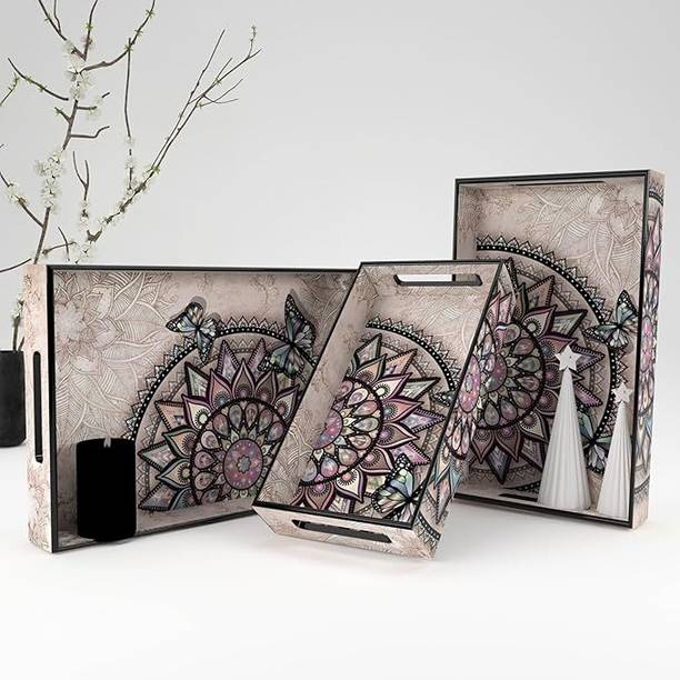 Castleite Elisa Isadora Mandala Decorative Set for Serving & Kitchen Use, Wooden Tray