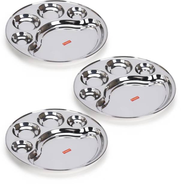 Sumeet Stainless Steel Round 5 in 1 Compartment Lunch / Dinner Plate, 31cm Dia Sectioned Plate