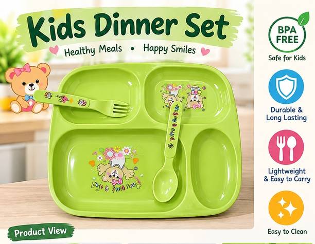 Haniya Esells Kids 4 Compartment Meal Plate with Spoon & Fork Dinner Plate