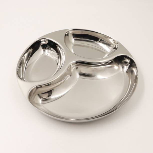 स्पिलबॉक्स Stainless Steel 3 Compartment Round Plate (Pack of 1) डिनर प्लेट