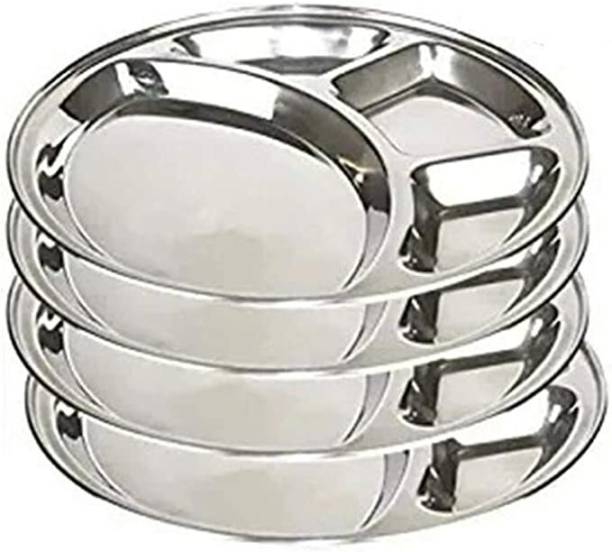 zozos Stainless Steel 4 in 1 Round Compartment Kitchen Dinner Plate (Pack of 4) Sectioned Plate