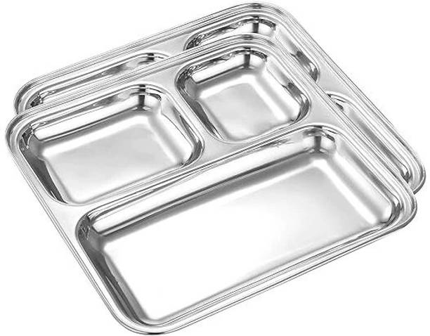 VAIZAR 3 Section Bhaji Plate Stainless Steel | Food Tray | Partition Dinner Thali Sectioned Plate