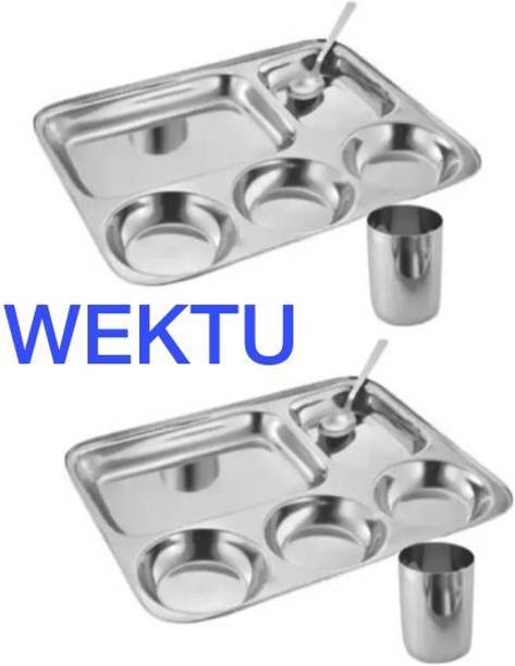 WEKTU Premium Stainless Steel 5 in 1 section plates /spoon/glass (Pack of 2) Dinner Plate