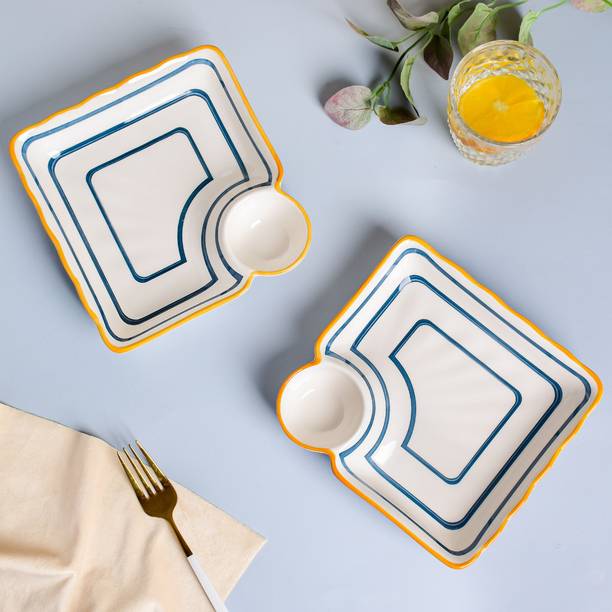 Nestasia White and Blue Striped Nitori Ceramic Set of 2 Square Plates with Section Chip & Dip Tray