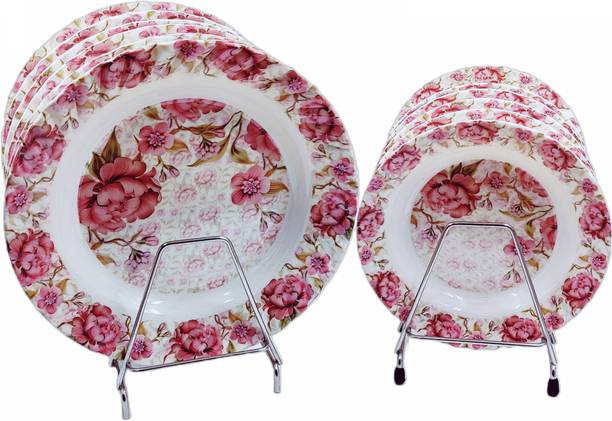 Perfectdine Melamine Deep Plates Round Dinner & Snacks Plate (6 Full+6 Half) Foral Printed Dinner Plate